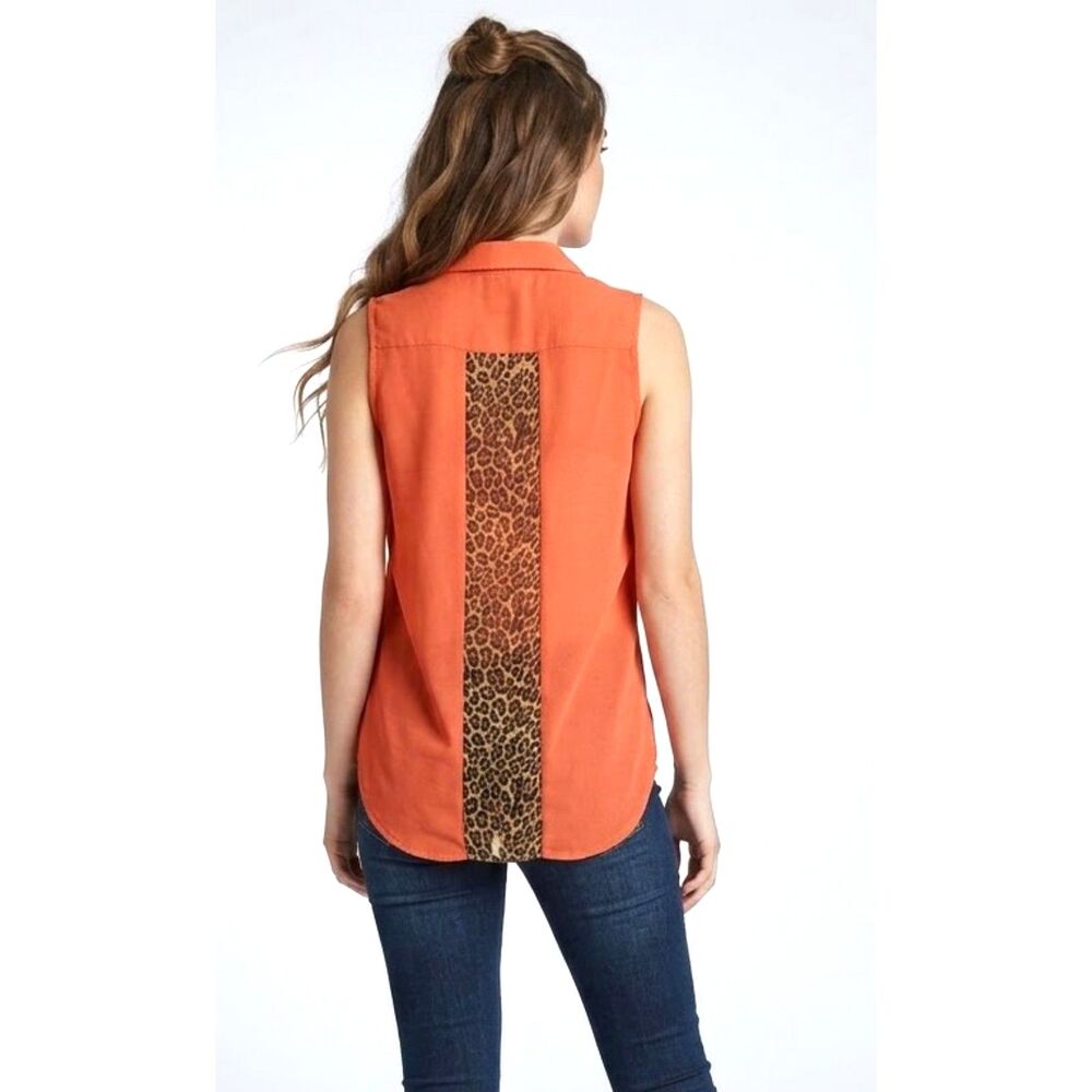 Coral Sleeveless Button Down Top Leopard Print Sheer Back Inset M Hi Lo Hem